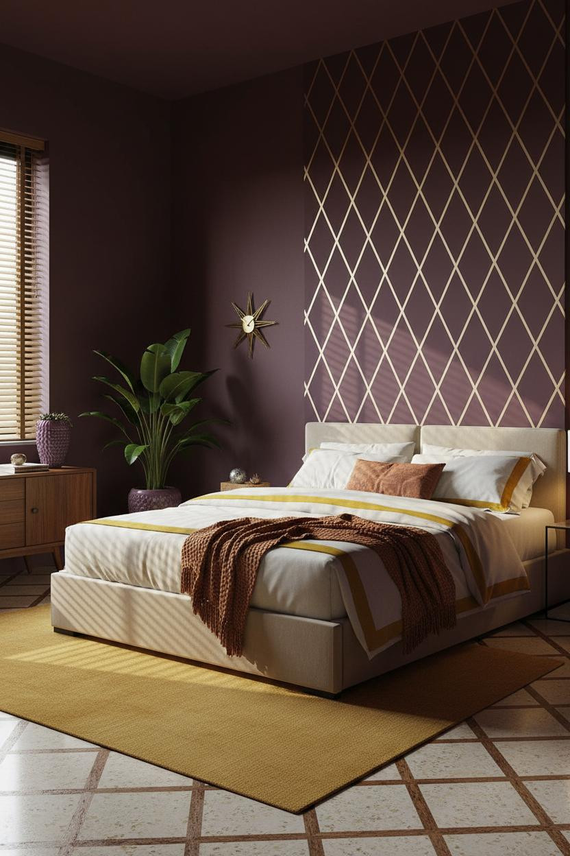 Mid-century modern bedroom with warm wood platform bed, brass bedside lamp, cream bedding, soft natural light from window, neutral walls, and retro 1970s aesthetic decor.