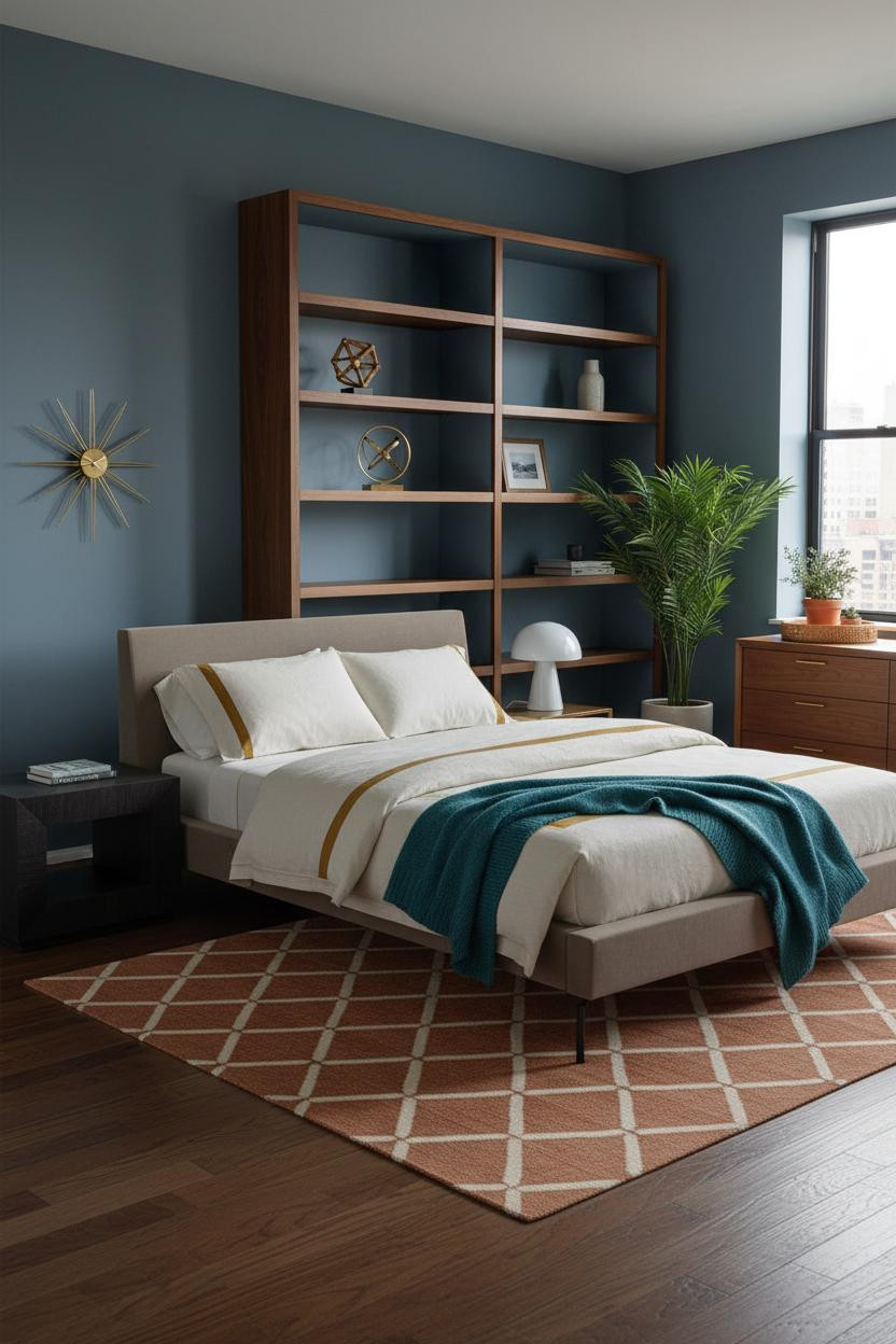 Warm mid-century modern bedroom with natural wood bed frame, vintage nightstand, soft neutral bedding, warm lighting, and 1970s retro aesthetic decor elements.