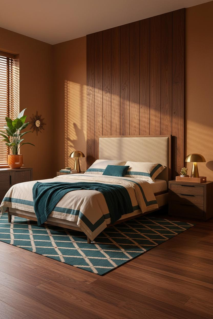 Mid-century modern bedroom with warm wood bed frame, wooden nightstand, soft neutral bedding, warm lighting, and 1970s retro aesthetic with natural wood tones and cozy furnishings.