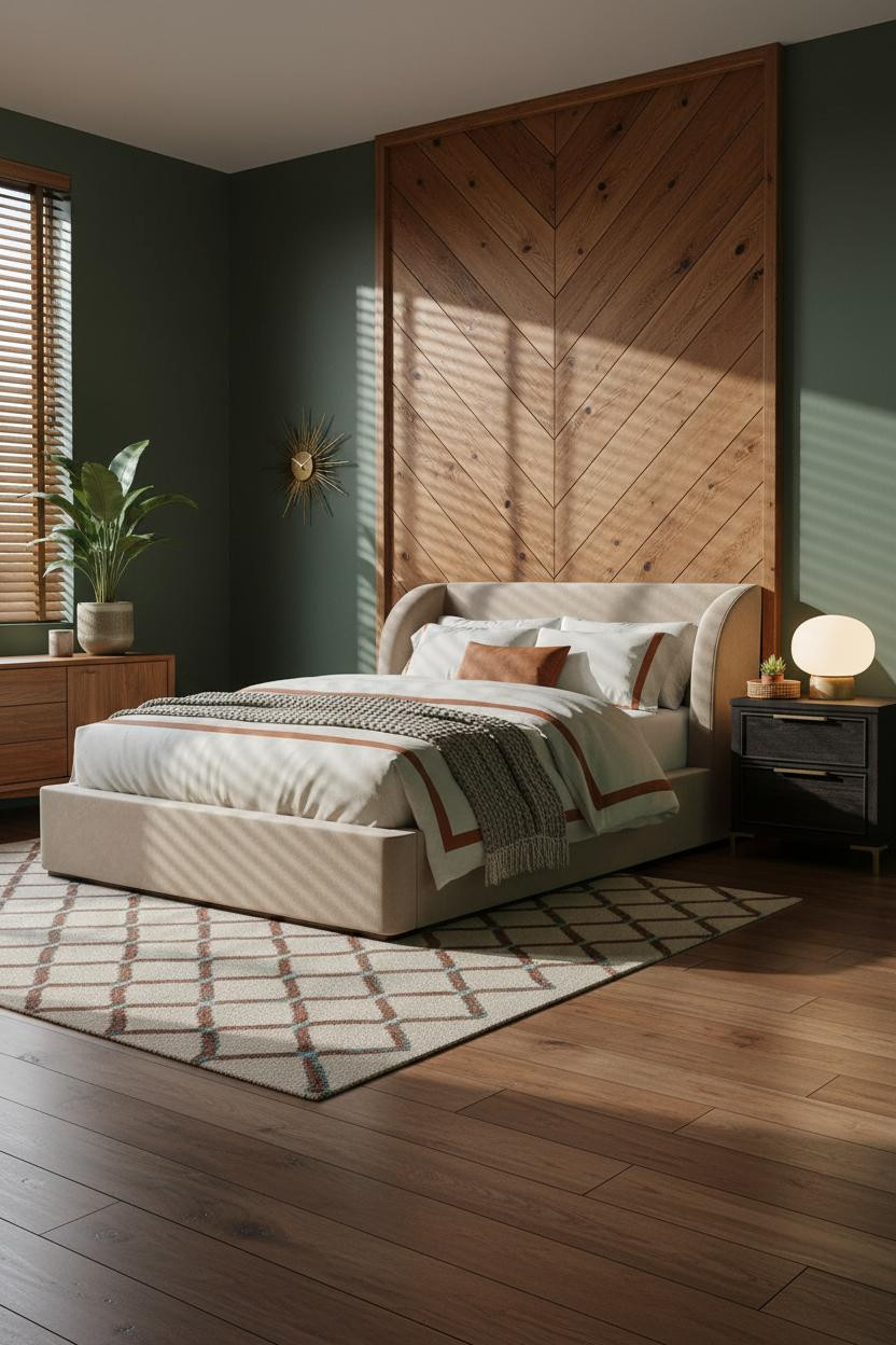 Mid-century modern bedroom with warm wood bed frame, black nightstand, soft warm lighting, neutral bedding, wooden flooring, and 1970s retro aesthetic in bright natural daylight.