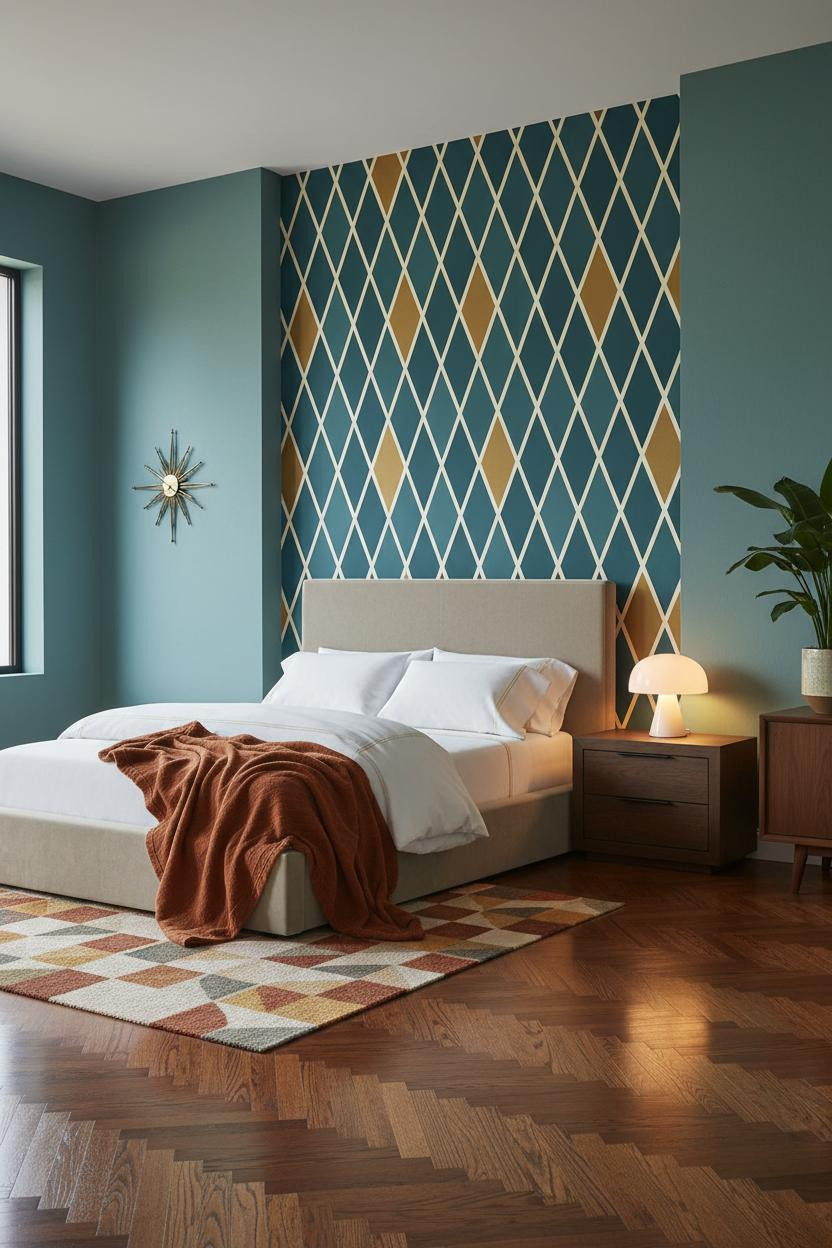 Mid-century modern bedroom with warm wood bed frame, natural light from window, matte brass nightstand, cream bedding, and 1970s retro aesthetic with soft neutral tones and clean lines.