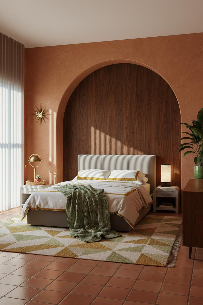 Mid-century modern bedroom with warm wood bed frame, brass bedside lamp, neutral bedding, warm wood nightstand, soft natural window light, cream walls, and cozy 1970s retro aesthetic.