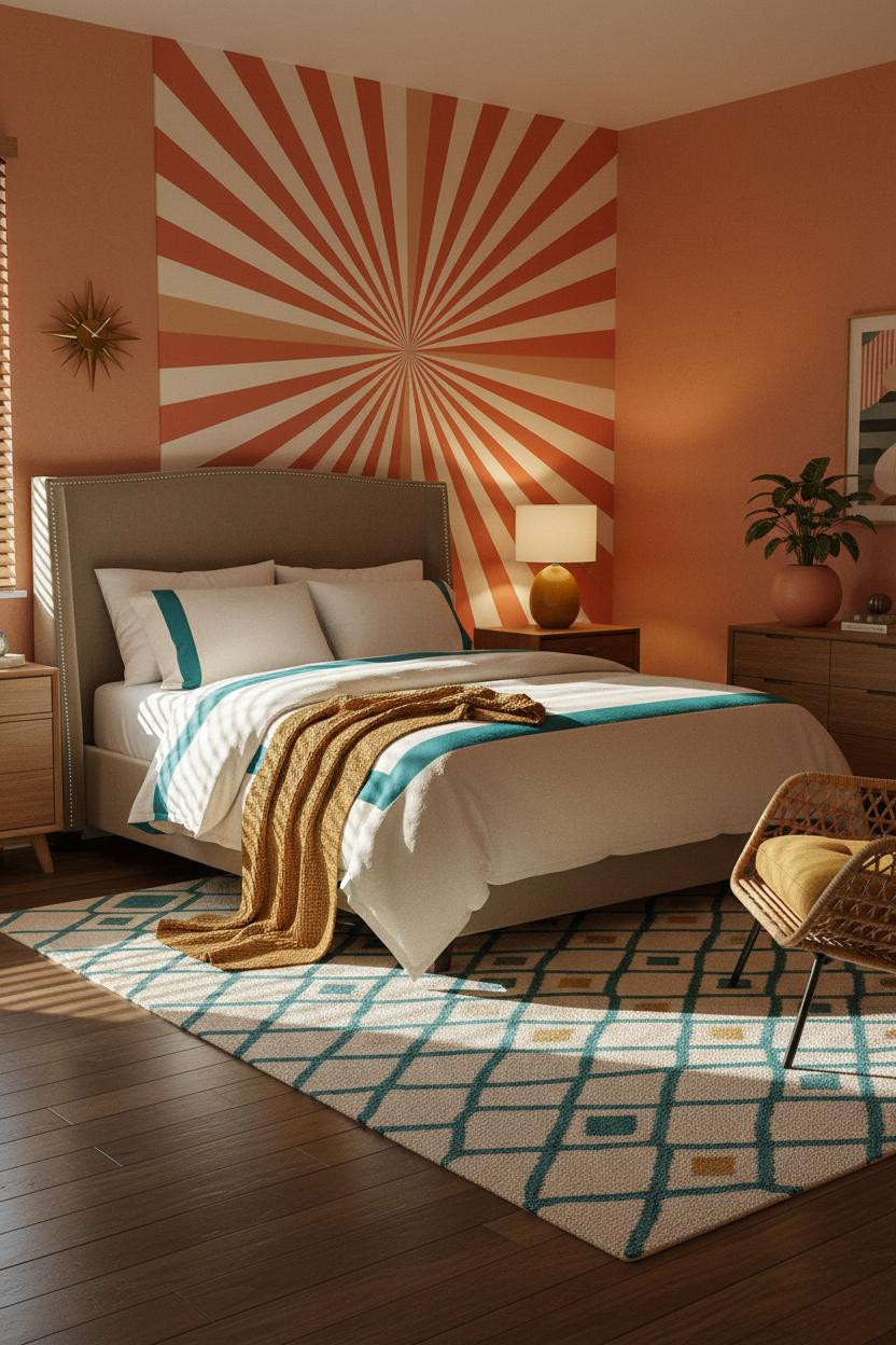 Mid-century modern bedroom with warm wood bed frame, brass bedside lamp, cream bedding, natural light from window, neutral walls, and vintage-inspired decor creating cozy 1970s aesthetic.
