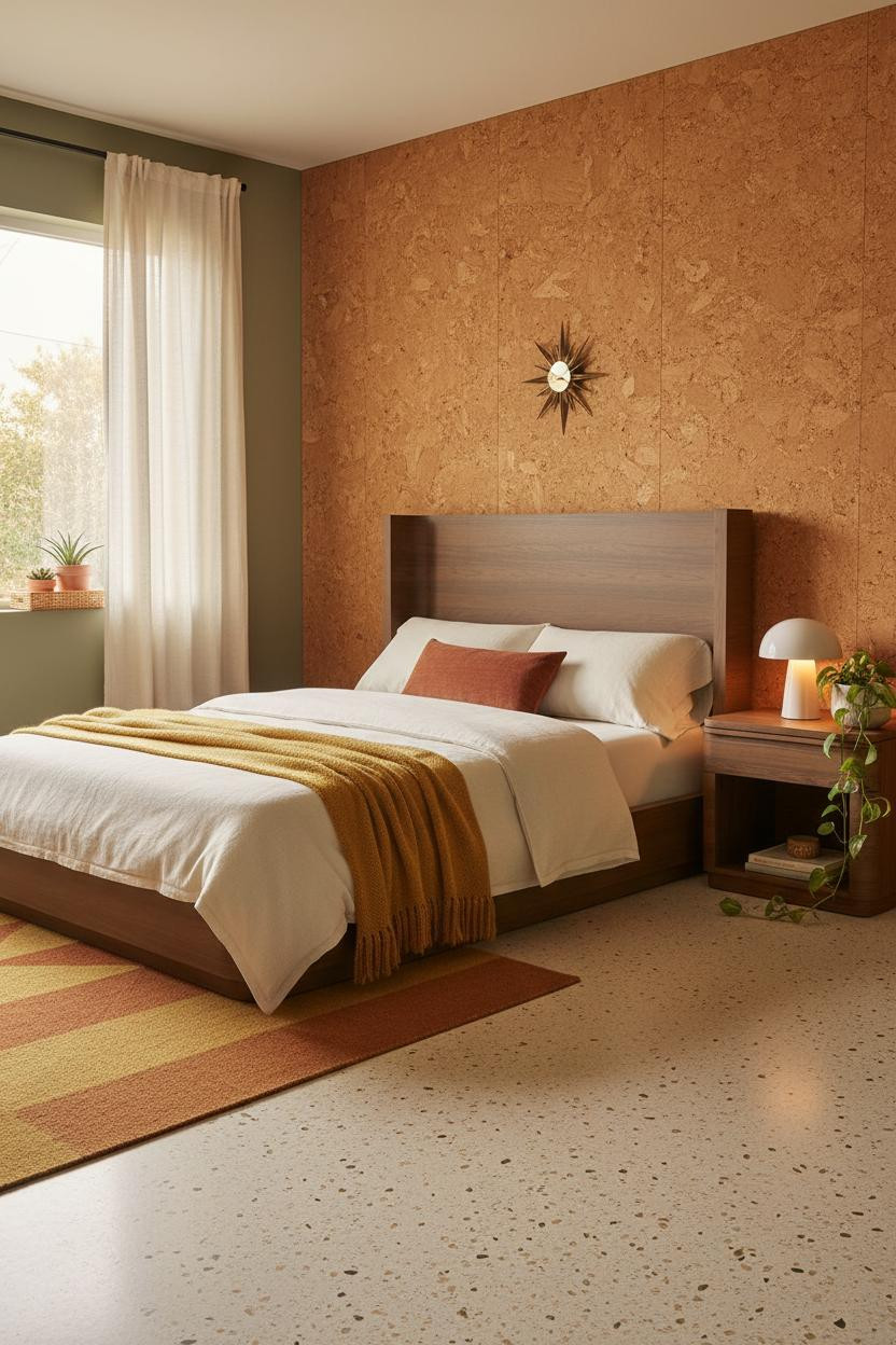 Mid-century modern bedroom with warm wood bed frame, natural light from window, vintage nightstand, neutral bedding, and retro 1970s aesthetic with warm color palette.