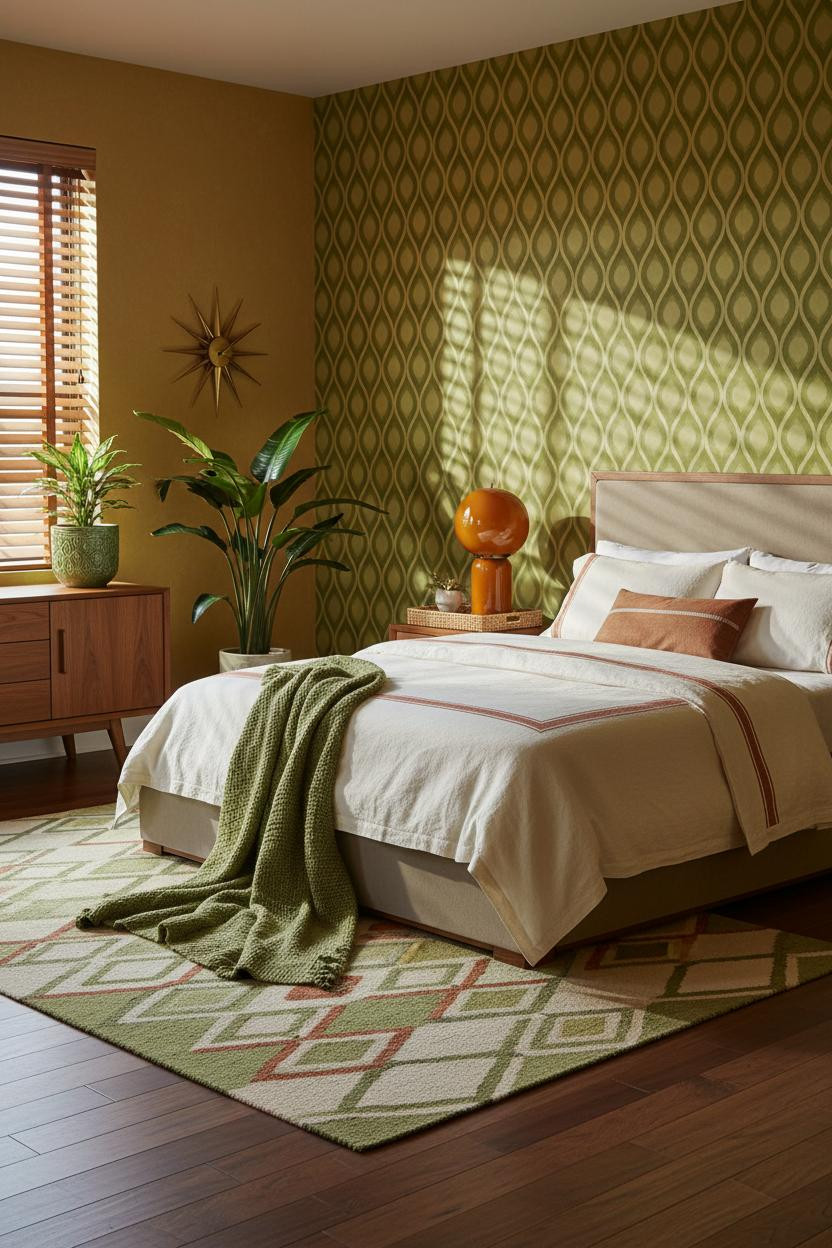 Mid-century modern bedroom with warm wood bed frame, brass bedside lamp, neutral linen bedding, soft natural light from window, warm beige walls, and retro 1970s aesthetic decor elements.