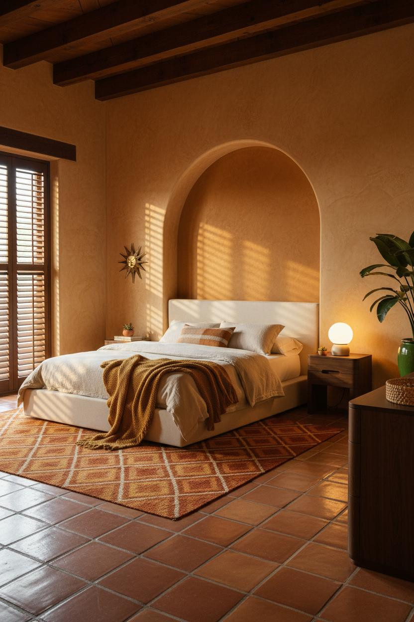 Mid-century modern bedroom with warm wood bed frame, matching nightstand, soft neutral bedding, warm lighting, and 1970s retro aesthetic with eclectic decor styling.