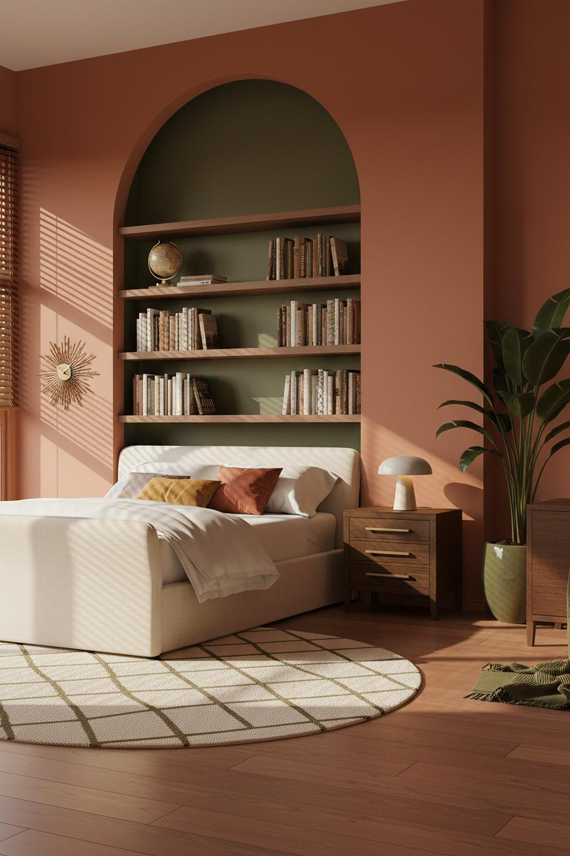 Mid-century modern bedroom with warm wood bed frame, cream bedding, wooden nightstand, soft warm lighting, and retro 1970s decor elements in neutral tones.