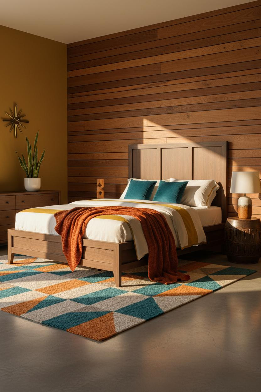 Mid-century modern bedroom with warm wood bed frame, matching nightstand, soft neutral bedding, warm lighting, and 1970s retro aesthetic with cozy eclectic furnishings and natural wood tones.