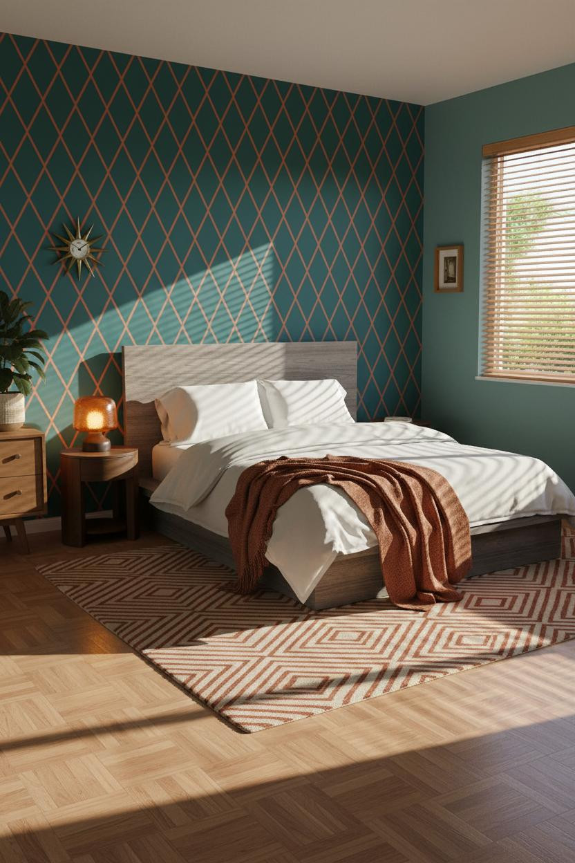 Mid-century modern bedroom with warm wood bed frame, simple nightstand, soft neutral bedding, natural window light, and retro 1970s aesthetic with minimal decor and clean lines.