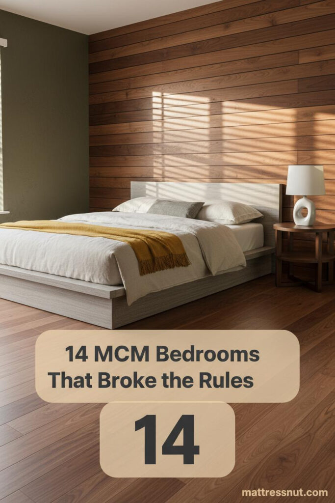 Mid century modern bedroom with walnut slat wall, low platform bed, cream linen duvet, mustard throw, teak floors, olive plaster walls