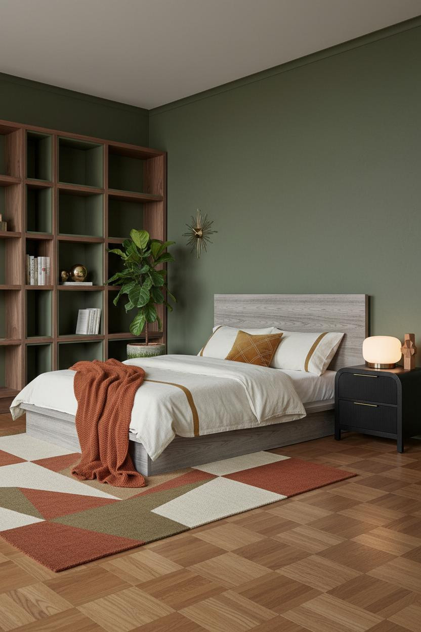 Mid-century modern bedroom with walnut wood platform bed, tapered legs, dark wood nightstand, warm neutral bedding, soft natural light, minimalist MCM aesthetic with 1970s retro style furnishings.