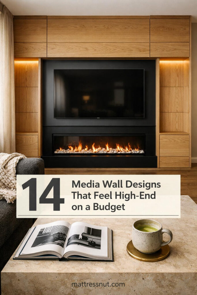Contemporary living room featuring built-in media wall with electric fireplace below mounted flat-screen TV and wood shelving