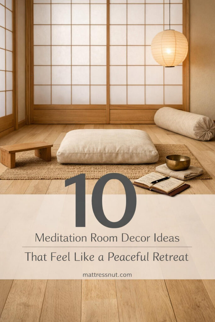 Serene meditation space with cushions, plants, natural wood flooring, soft lighting, and minimalist decor in neutral tones