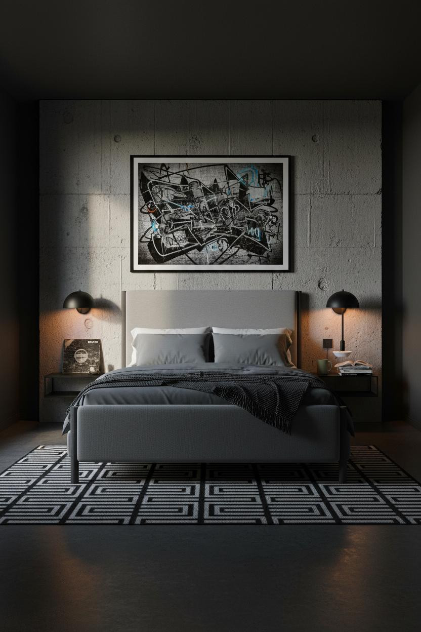 Men Bedroom Industrial Concrete Accent Wall