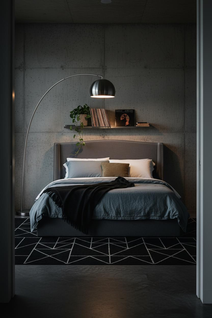 Men Bedroom Industrial Concrete Lamp Setup