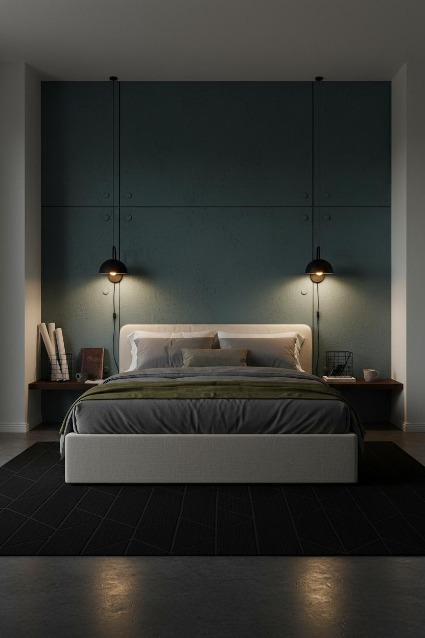 Men Bedroom Industrial Teal Feature Wall