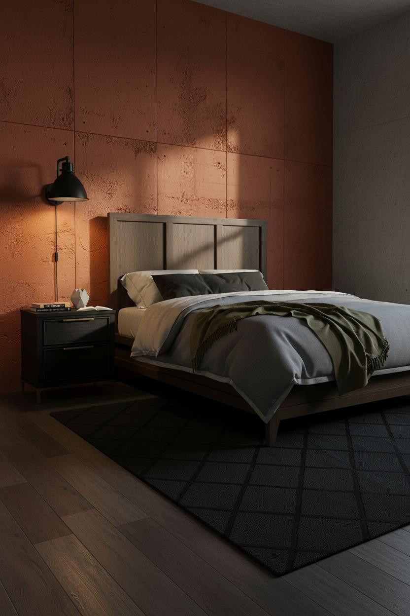 Men Bedroom Industrial Terracotta Accent Wall
