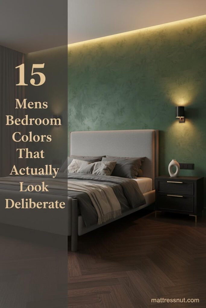 Mens bedroom with forest green limewash accent wall, dark walnut floors, charcoal linen bedding, matte black sconces, and warm LED lighting