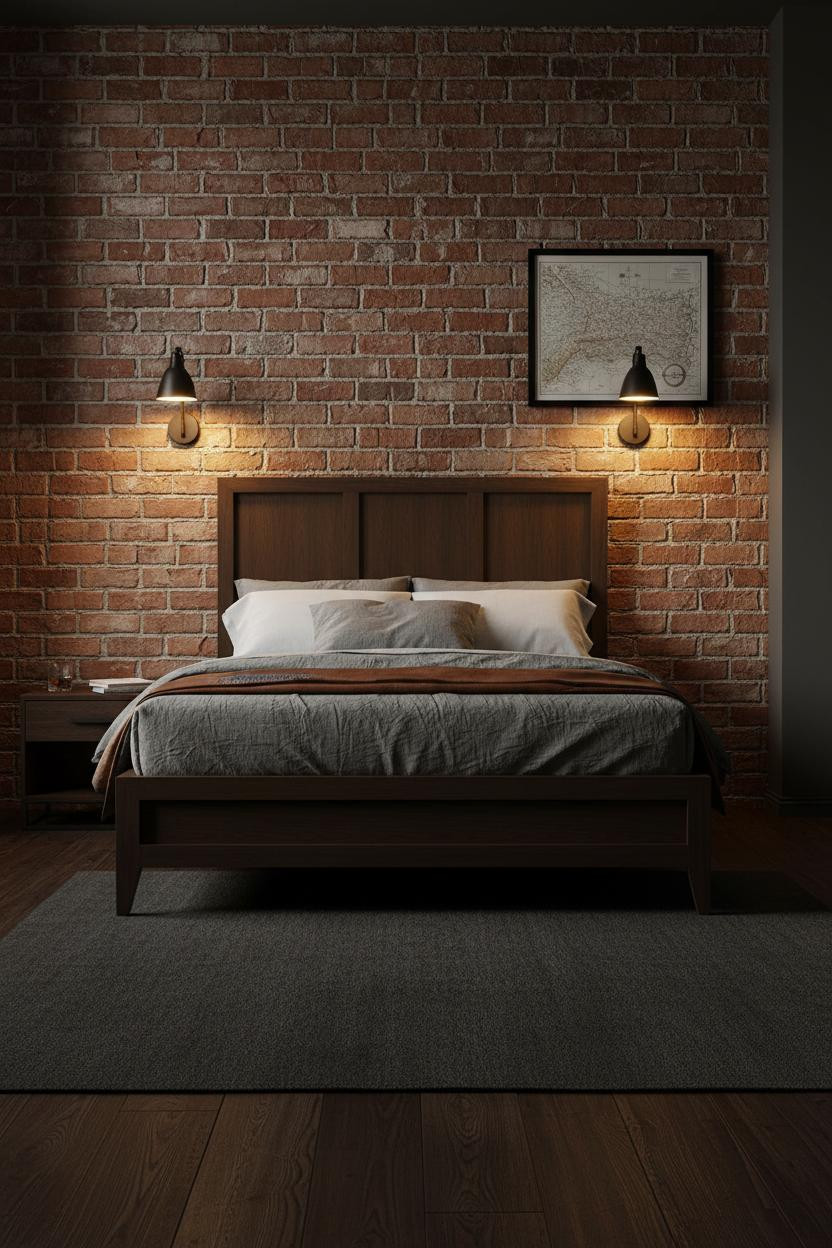 Mens Bedroom Dark Brick Aesthetic with Exposed Brick Lamp