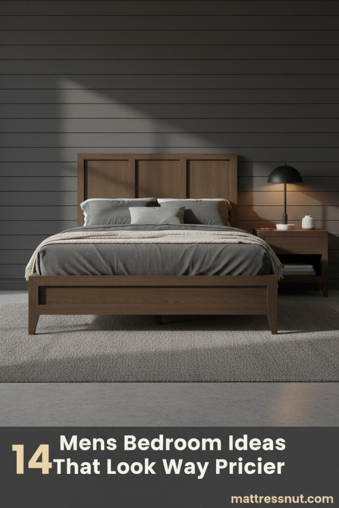 Masculine bedroom with charcoal shiplap wall, dark walnut platform bed, grey wool rug, amber sconce lighting, and layered linen bedding