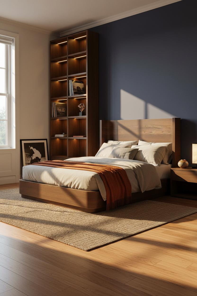 Mens Bedroom Colors Indigo Warm Wood Shelving