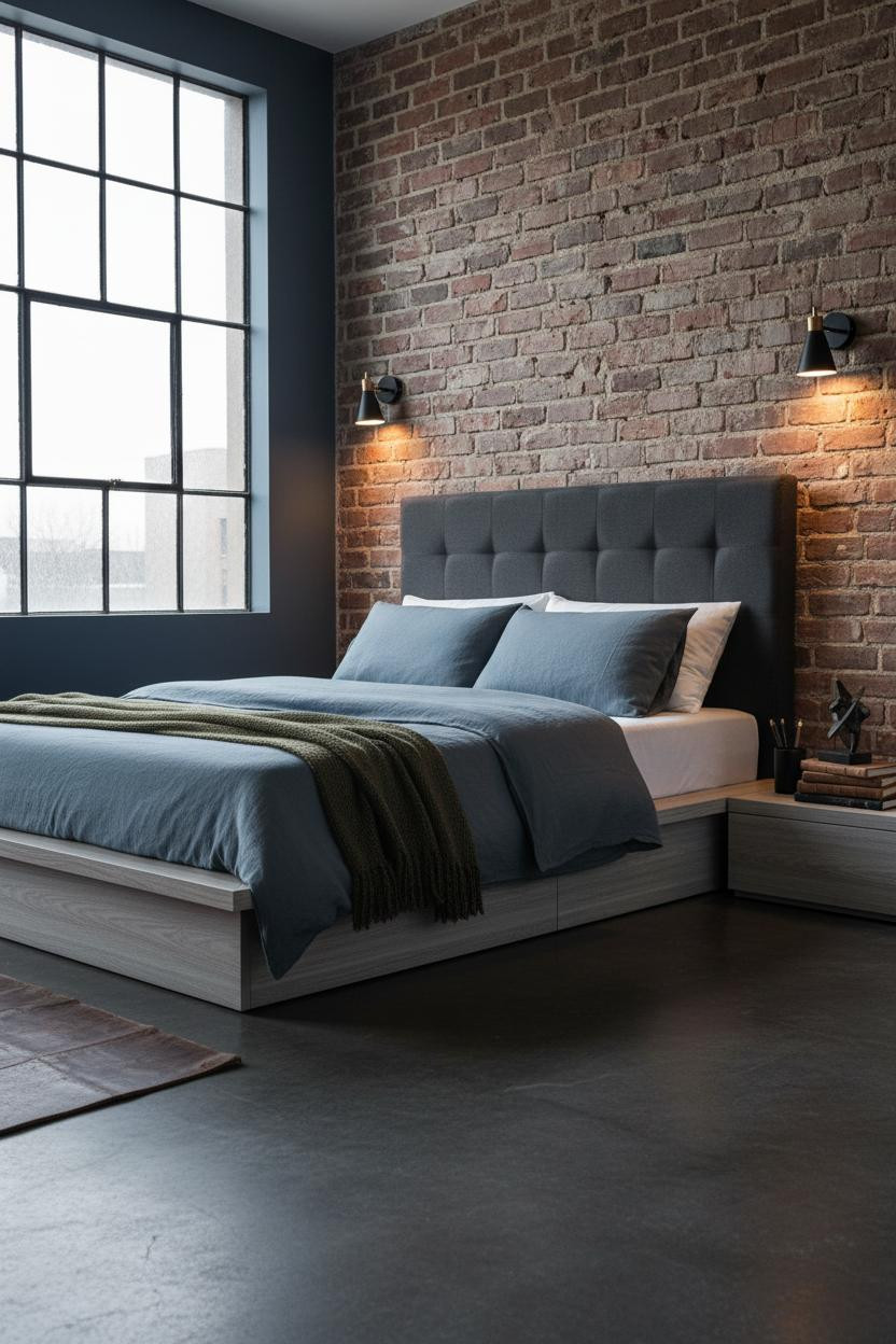 Mens Bedroom Industrial Brick Headboard Design