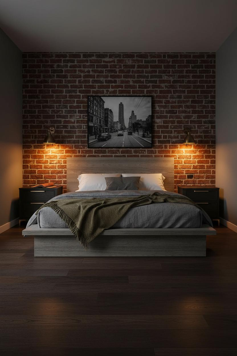 Mens Bedroom Industrial Brick Minimal Ideas