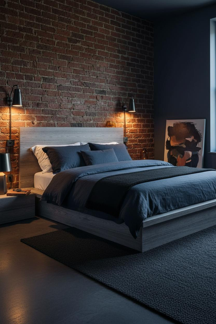 Mens Bedroom Dark Industrial Exposed Brick