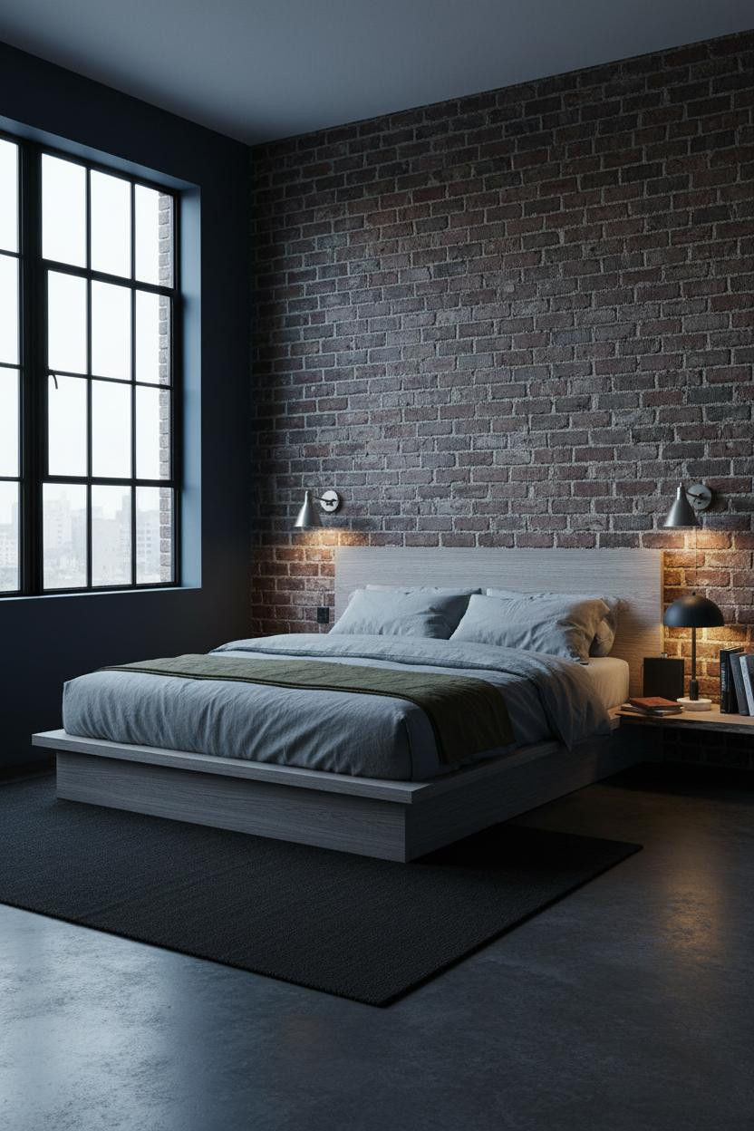 Mens Bedroom Industrial Navy Brick Design