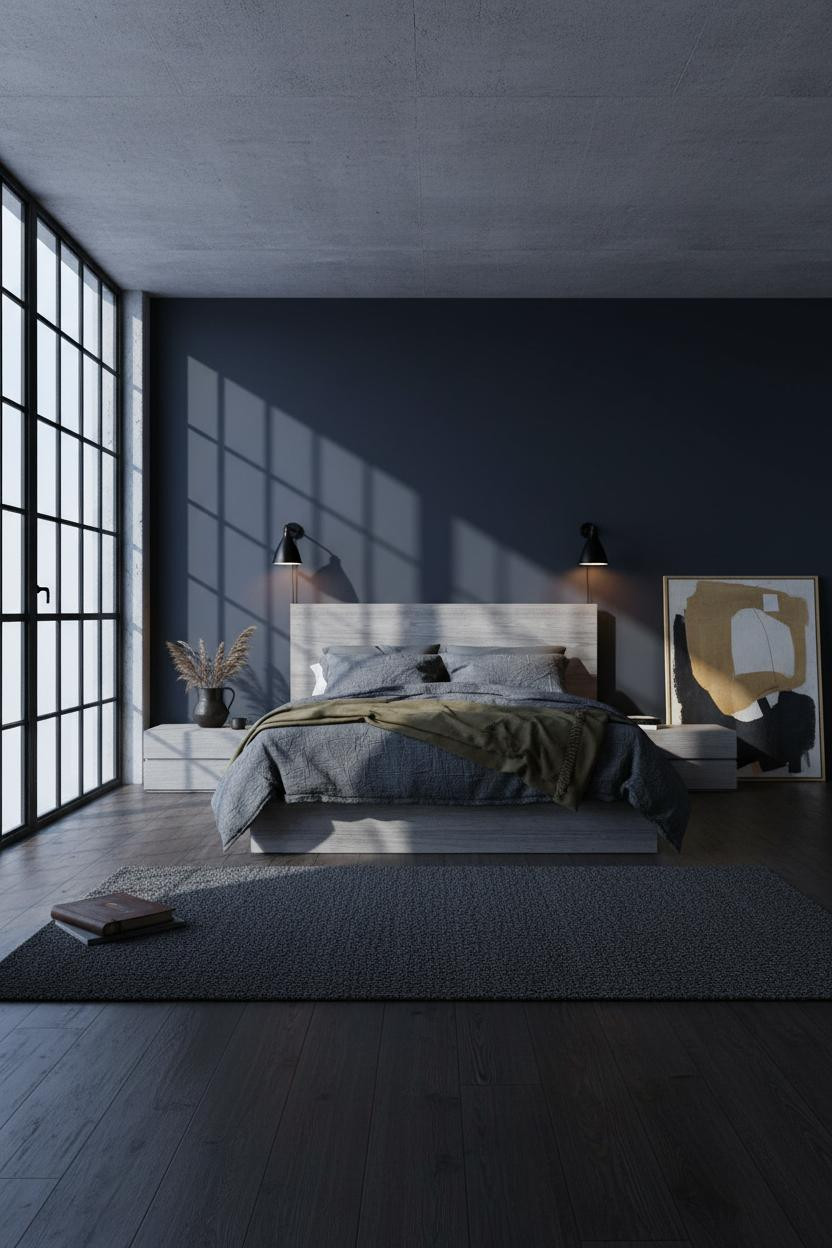 Mens Bedroom Industrial Minimalist Navy Design