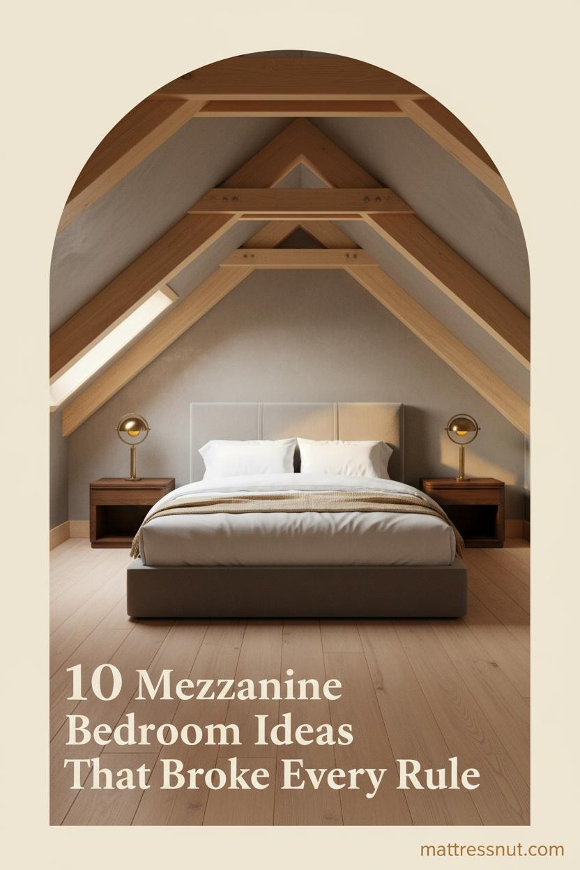 Mezzanine loft bedroom with pitched timber trusses, limewash walls, light oak floors, white linen bedding, and warm dormer window light