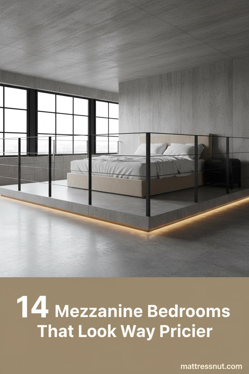 Industrial mezzanine loft bedroom with raw concrete ceiling, blackened steel cable railing, white linen bedding, and polished concrete floors below