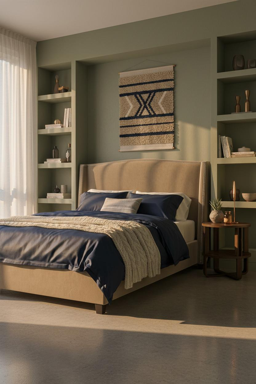 Minimalist Small Bedroom Sage Shelving