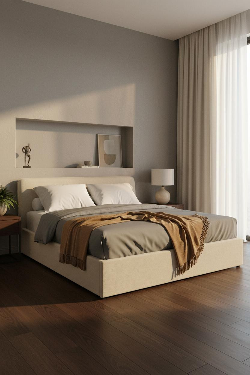Modern Bed Design Greige Headwall With Floating Shelves