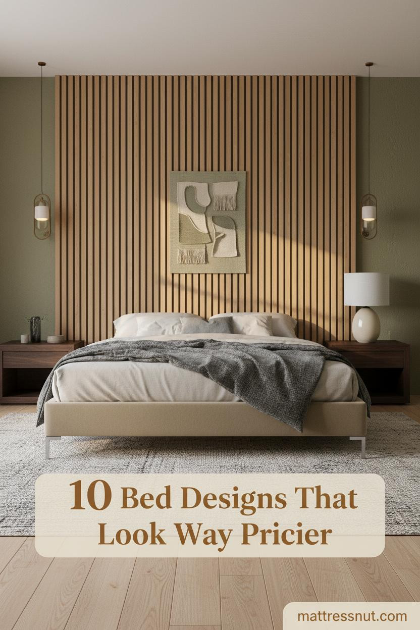 Modern bedroom with vertical oak slat wall, moss green plaster, layered cream and charcoal linen bedding, warm sconce lighting