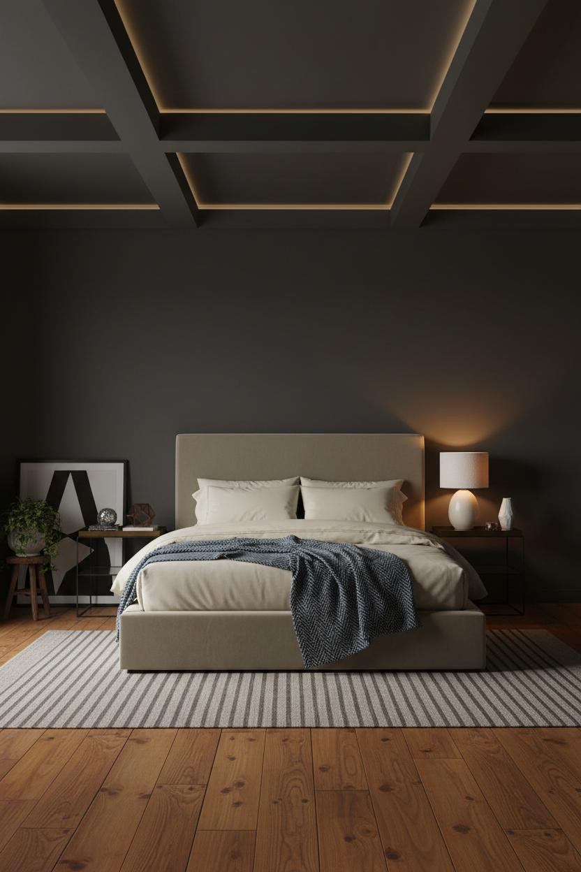 Modern Double Bed Design Charcoal Headboard