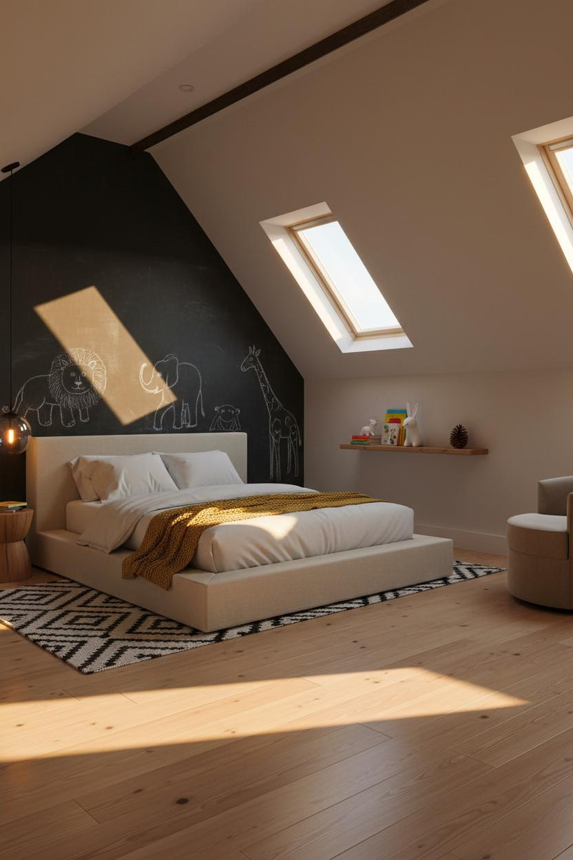 Modern Kids Bedroom Attic Scandi Design with Chalkboard Wall