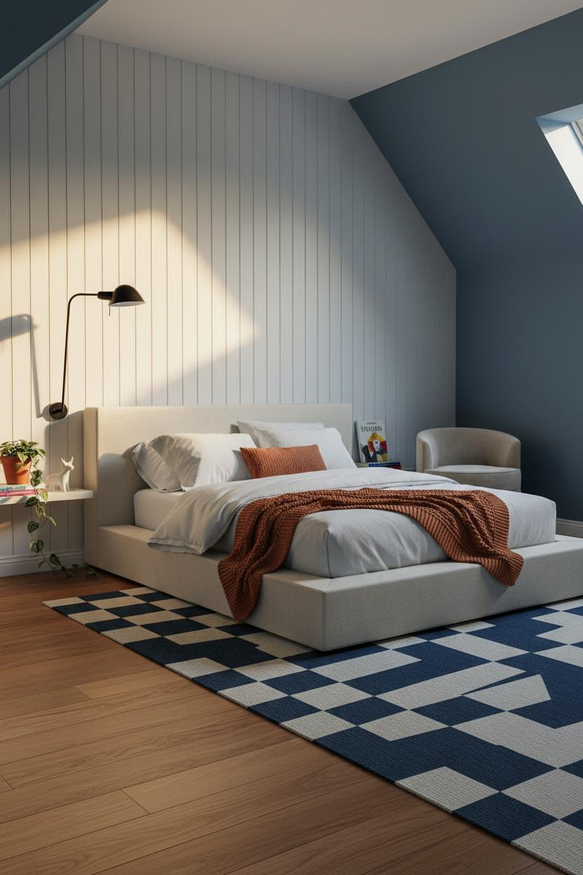 Modern Kids Bedroom Attic Scandi Design with White Wood Paneling