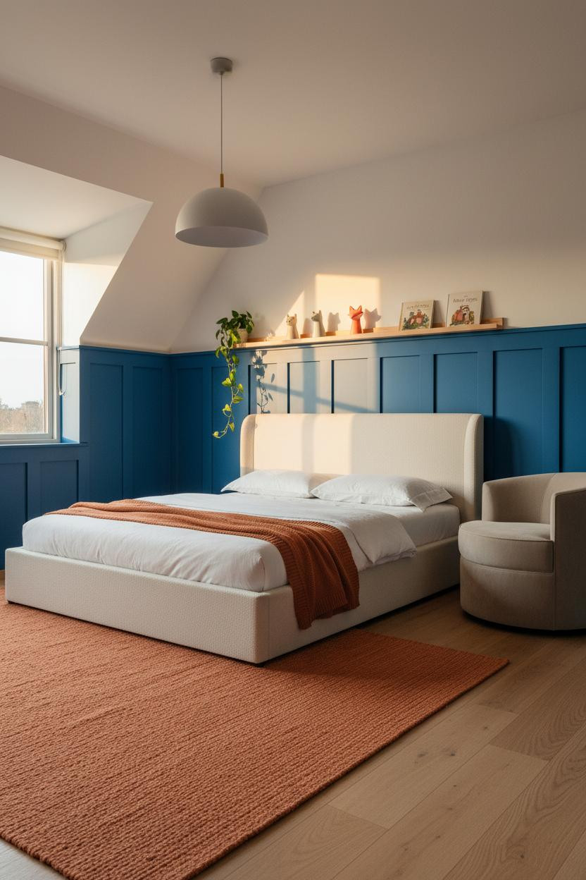 Modern Kids Bedroom Cobalt Attic Design with Oak Flooring