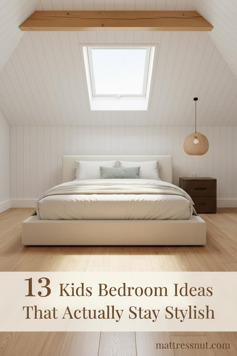 Scandi attic kids bedroom with sloped white paneled walls, honey oak floors, cream bedding, sage pillow, and skylight natural daylight
