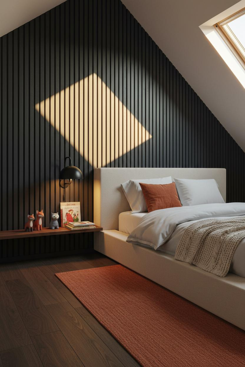 Modern Kids Bedroom Japandi Attic Design with Charcoal Slats