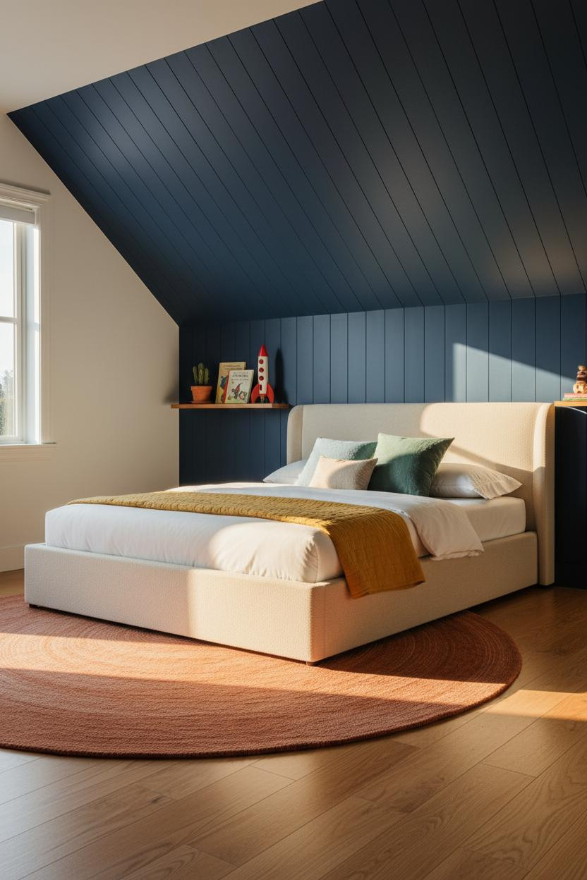 Modern Kids Bedroom Navy Attic Design with Oak Floors