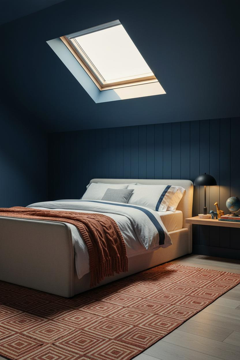 Modern Kids Bedroom Navy Attic Design with Skylight