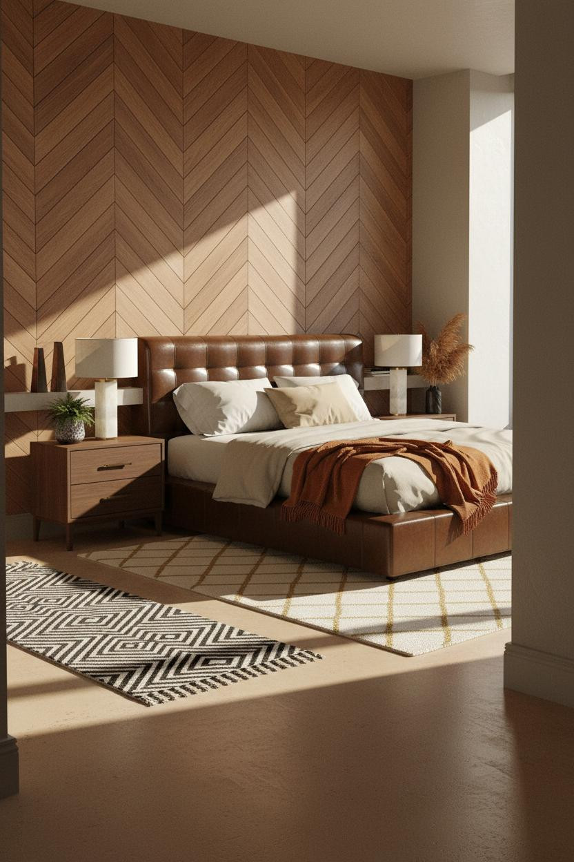 Modern Luxury Bed Design Herringbone Accent Wall