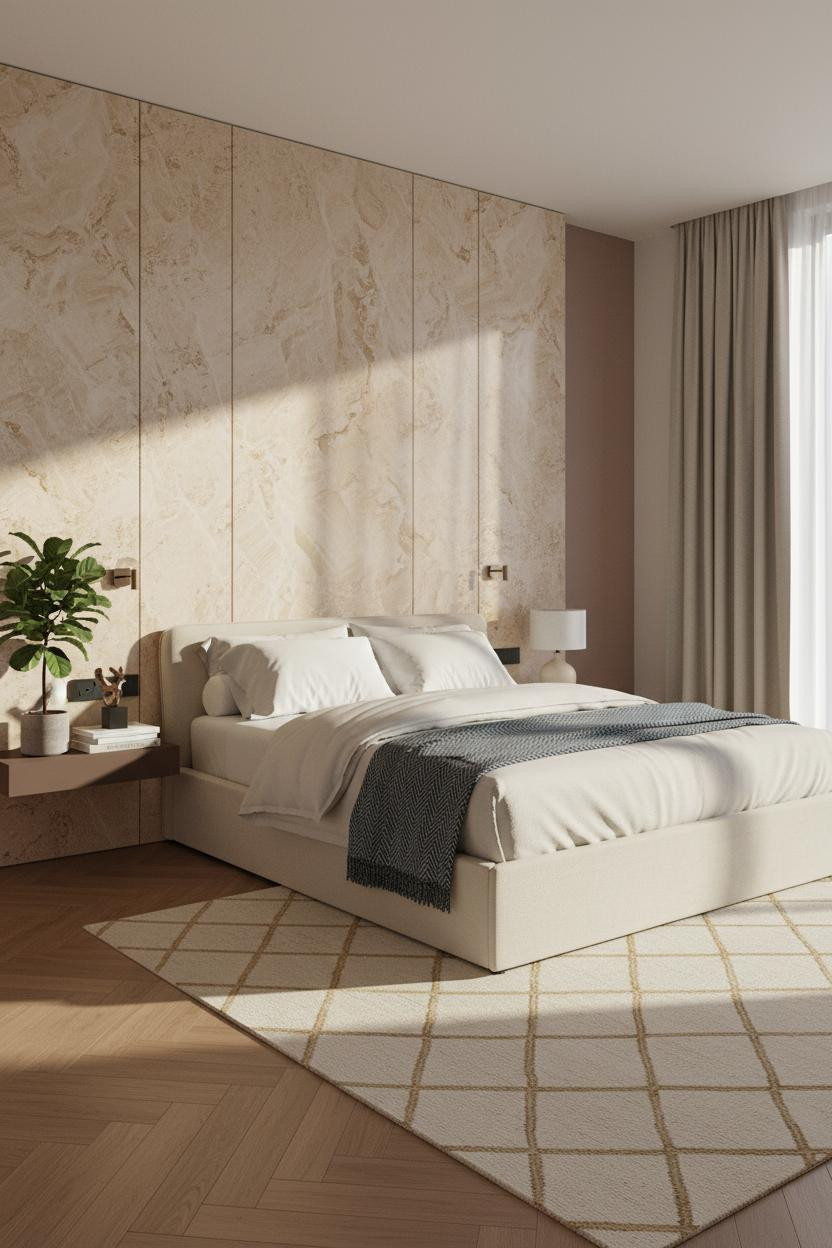 Modern Luxury Bed Design Travertine Accent