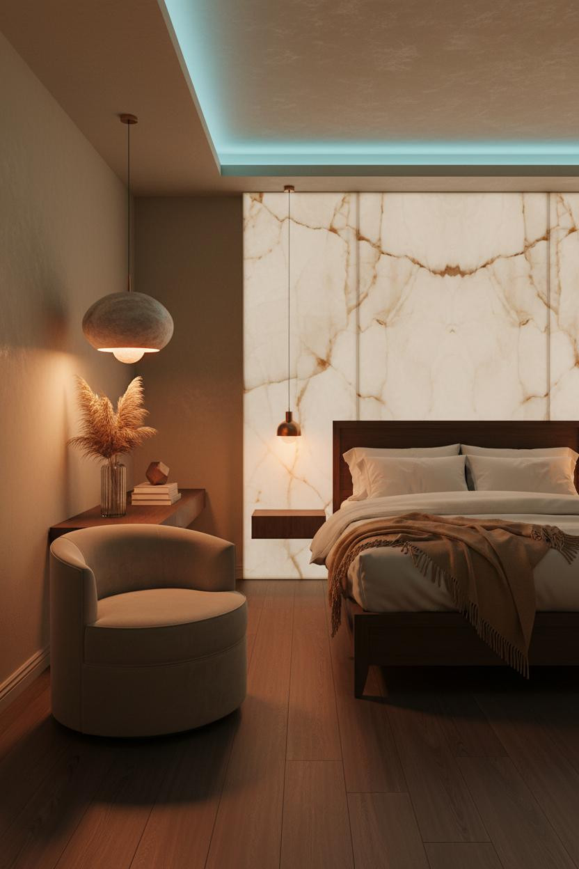 Modern Luxury Bedroom With Alabaster Panel and Walnut Flooring