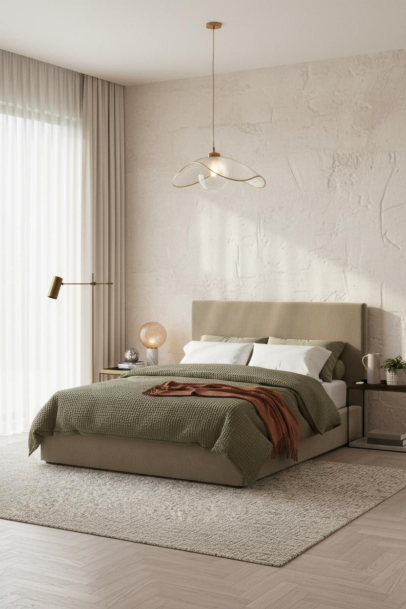 Modern Luxury Bedroom With Plaster Walls and Herringbone Parquet