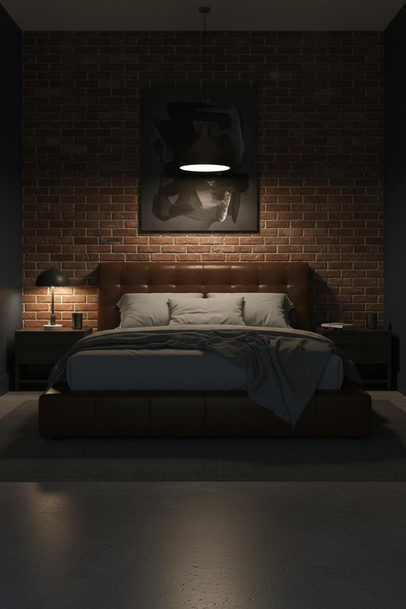 Modern Masculine Bedroom Dark Brick Lighting