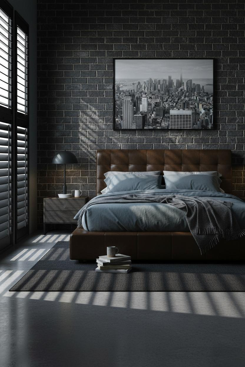 Modern Masculine Bedroom Exposed Brick Industrial