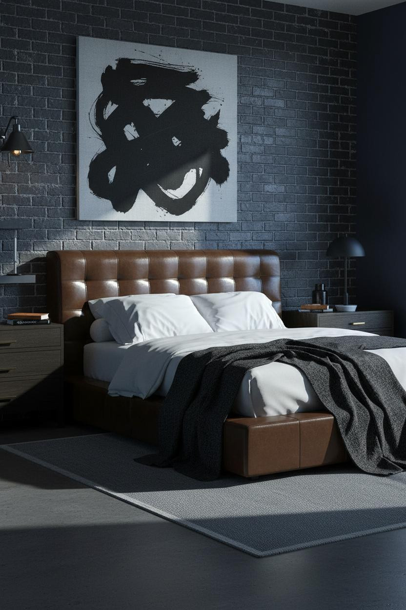 Modern Masculine Bedroom Exposed Brick Navy
